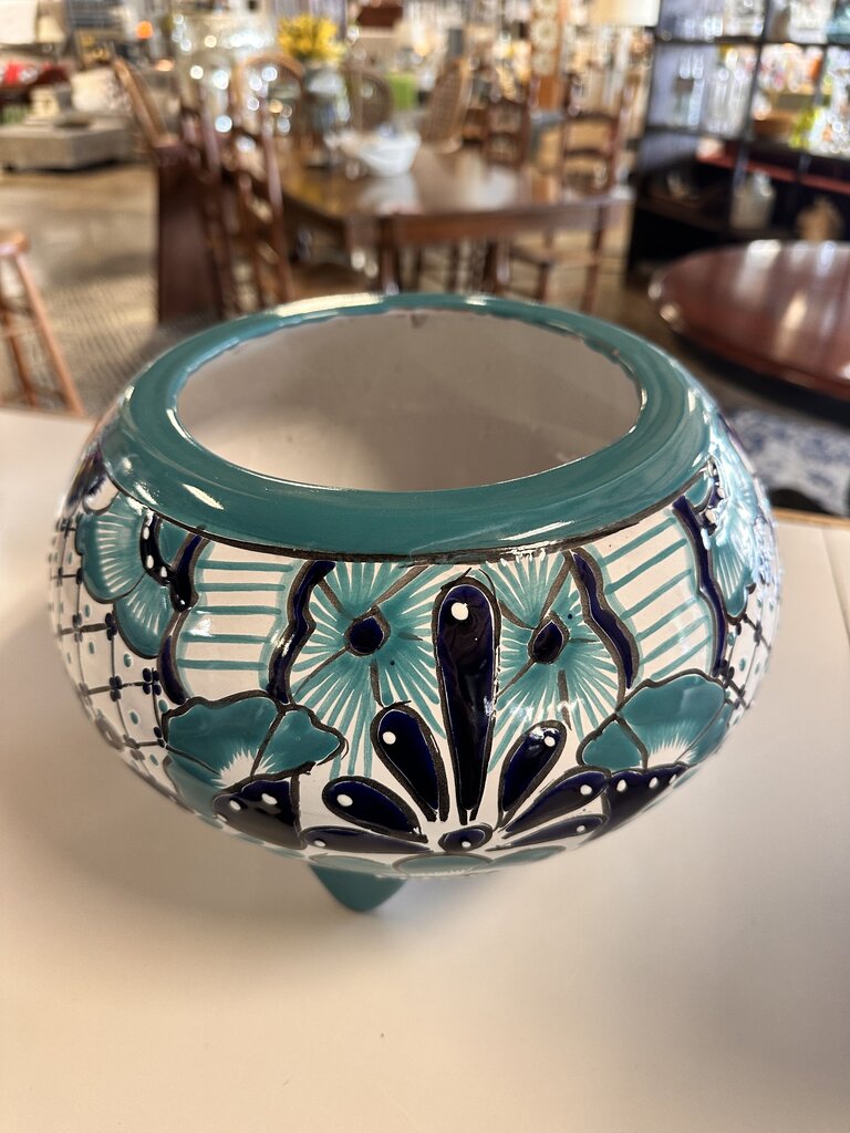Footed Blue Floral Pot
