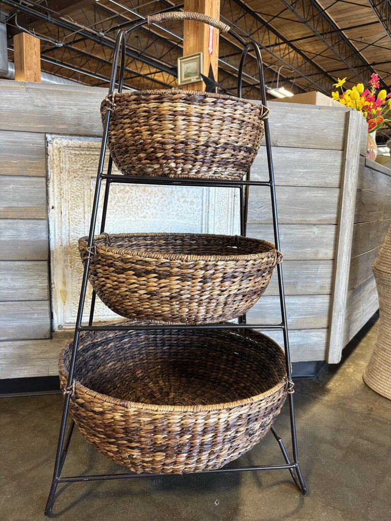 Three Tier Woven Rattan Storage Basket Stand
