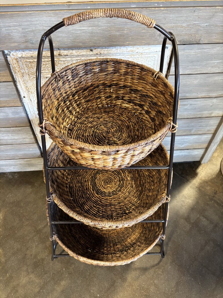 Three Tier Woven Rattan Storage Basket Stand