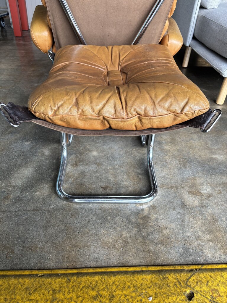 Vintage Leather/Chrome Wing Chair w/Ottoman