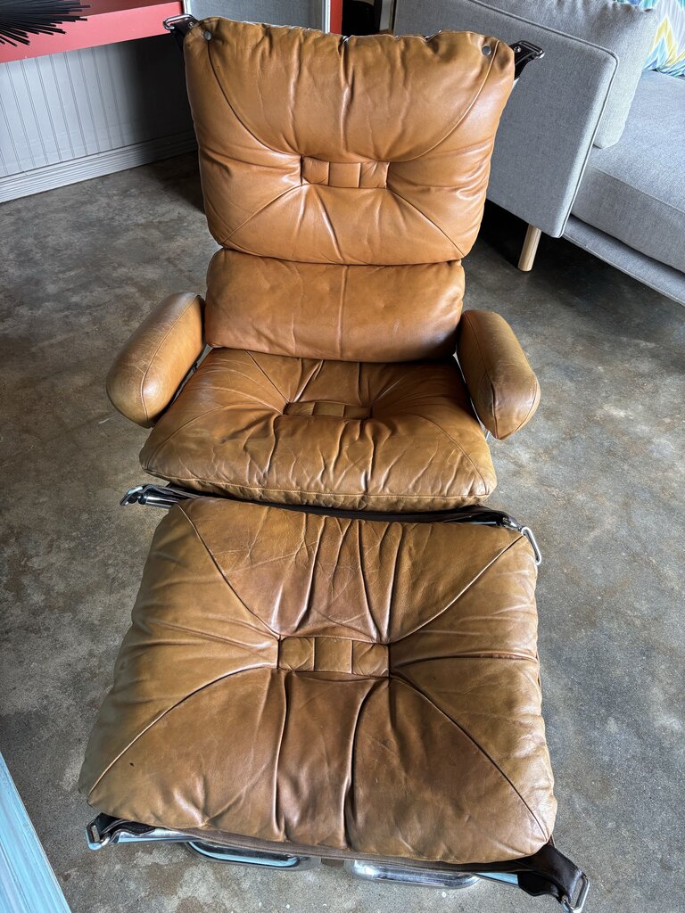 Vintage Leather/Chrome Wing Chair w/Ottoman