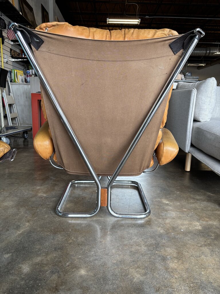 Vintage Leather/Chrome Wing Chair w/Ottoman