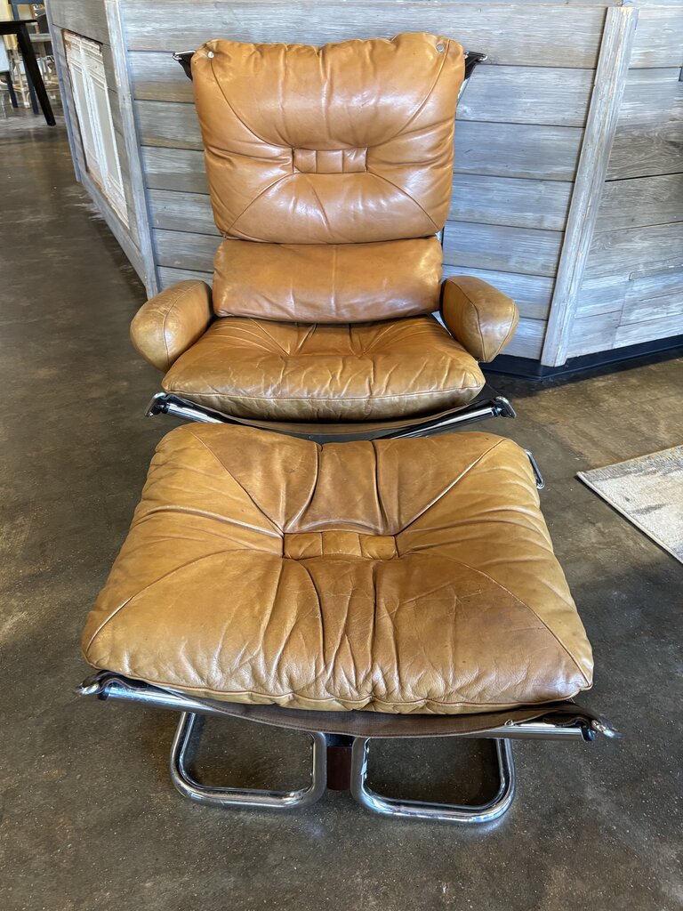Vintage Leather/Chrome Wing Chair w/Ottoman