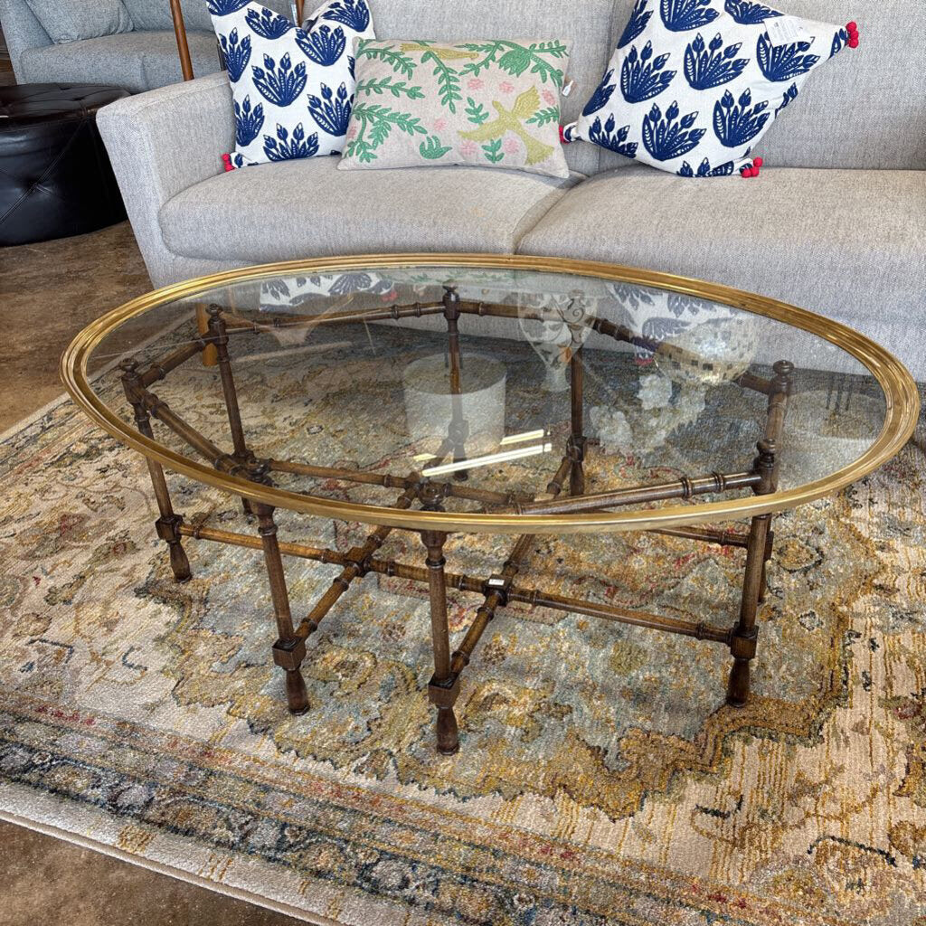 Vintage Glass/Faux Bamboo Oval Coffee Table