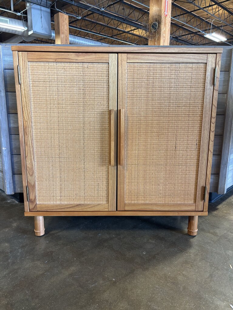 Wood/Rattan 2 Door Cabinet 34.25 X 15 X 34