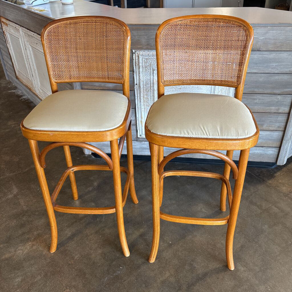 Vintage MCM Wood/Rattan Back Bar Stools Pair
