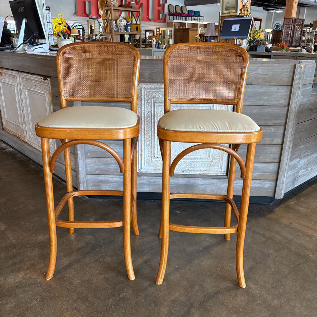 Vintage MCM Wood/Rattan Back Bar Stools Pair