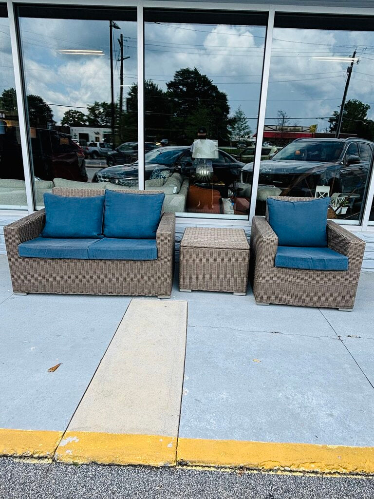SET 3 Faux Wicker Loveseat, Chair, & Side Table w/Cushions