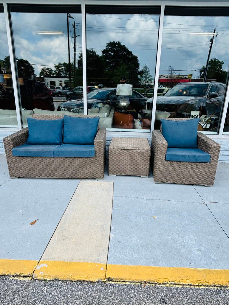 SET 3 Faux Wicker Loveseat, Chair, & Side Table w/Cushions