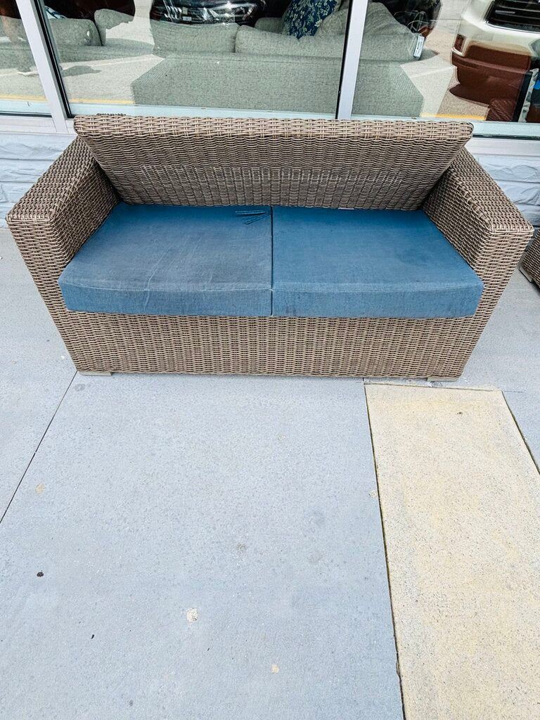SET 3 Faux Wicker Loveseat, Chair, & Side Table w/Cushions