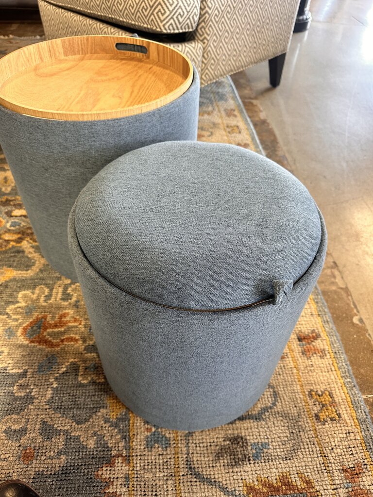 Upholstered Blue Ottoman With Tray