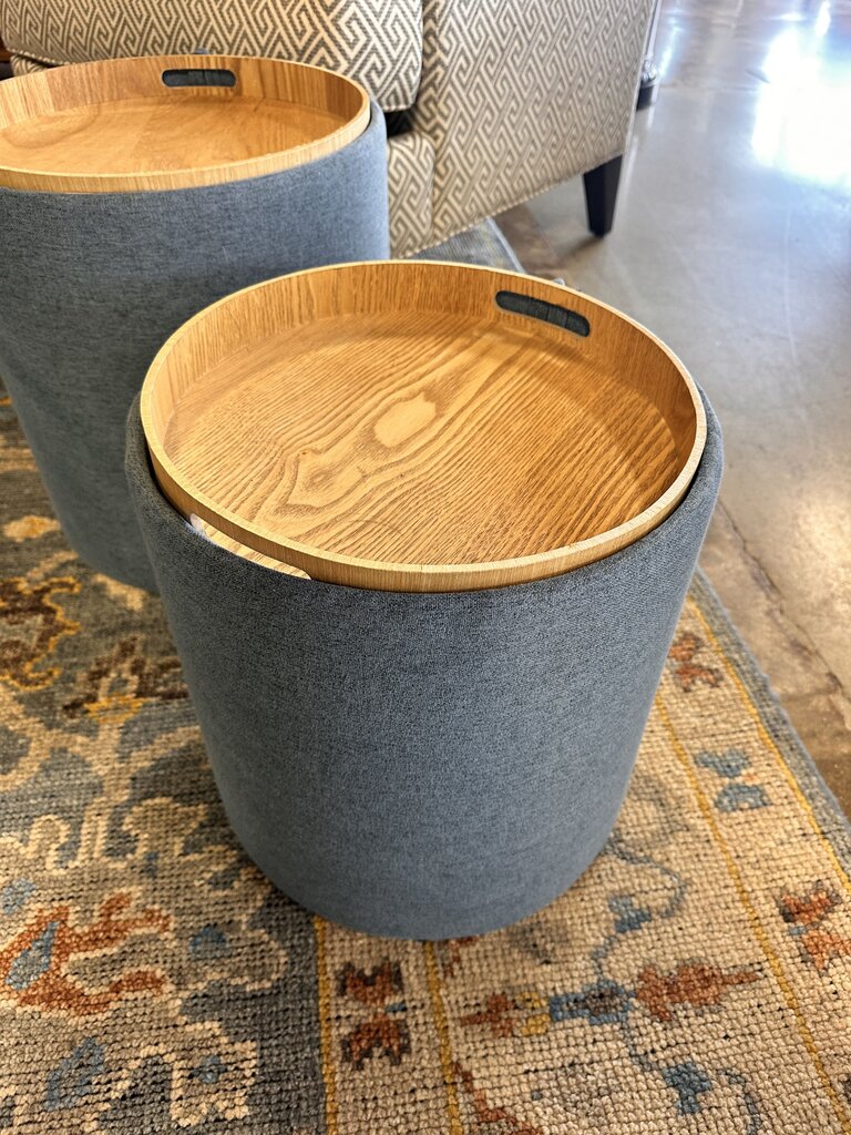 Upholstered Blue Ottoman With Tray
