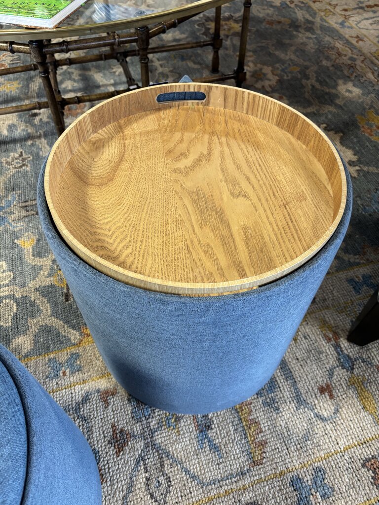 Upholstered Blue Ottoman With Tray