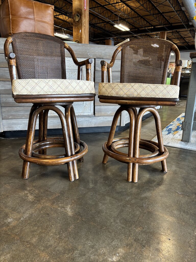 Vintage Bamboo Rattan Swivel Bar Stools Pair