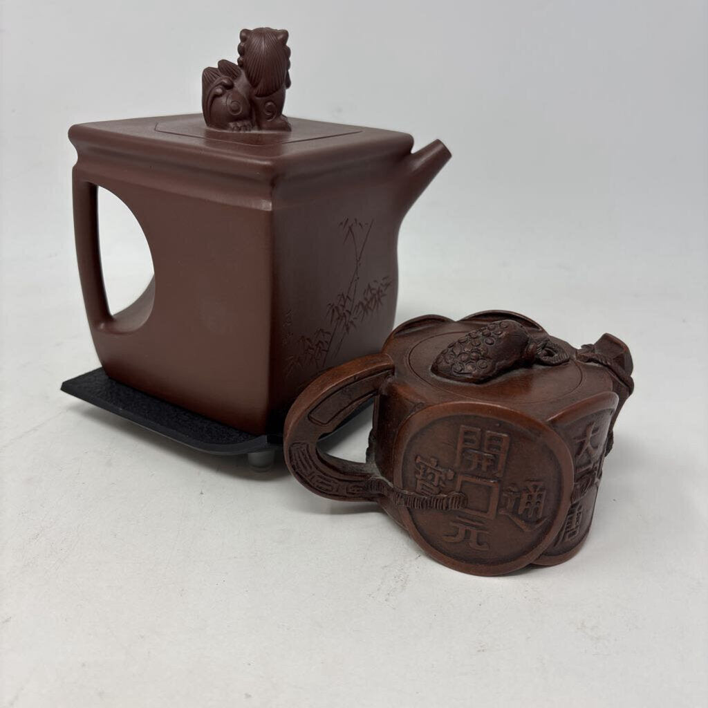 Chinese Clay Teapot and Cup with Lids & Stands