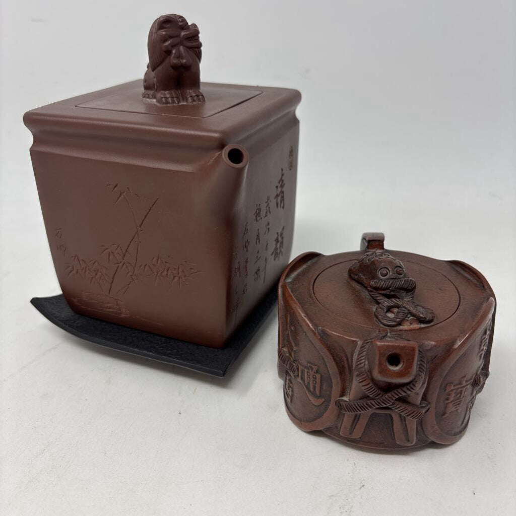 Chinese Clay Teapot and Cup with Lids & Stands