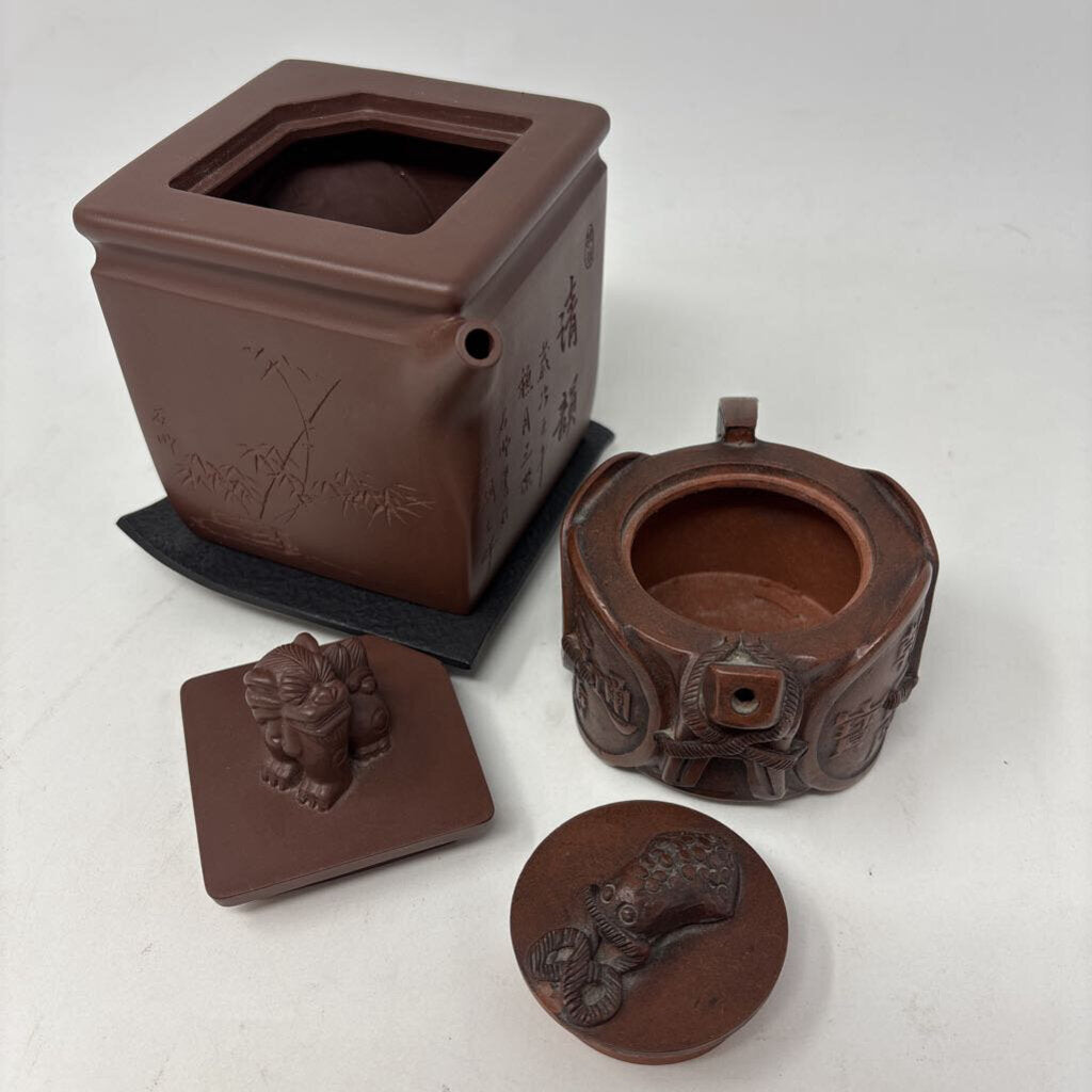 Chinese Clay Teapot and Cup with Lids & Stands