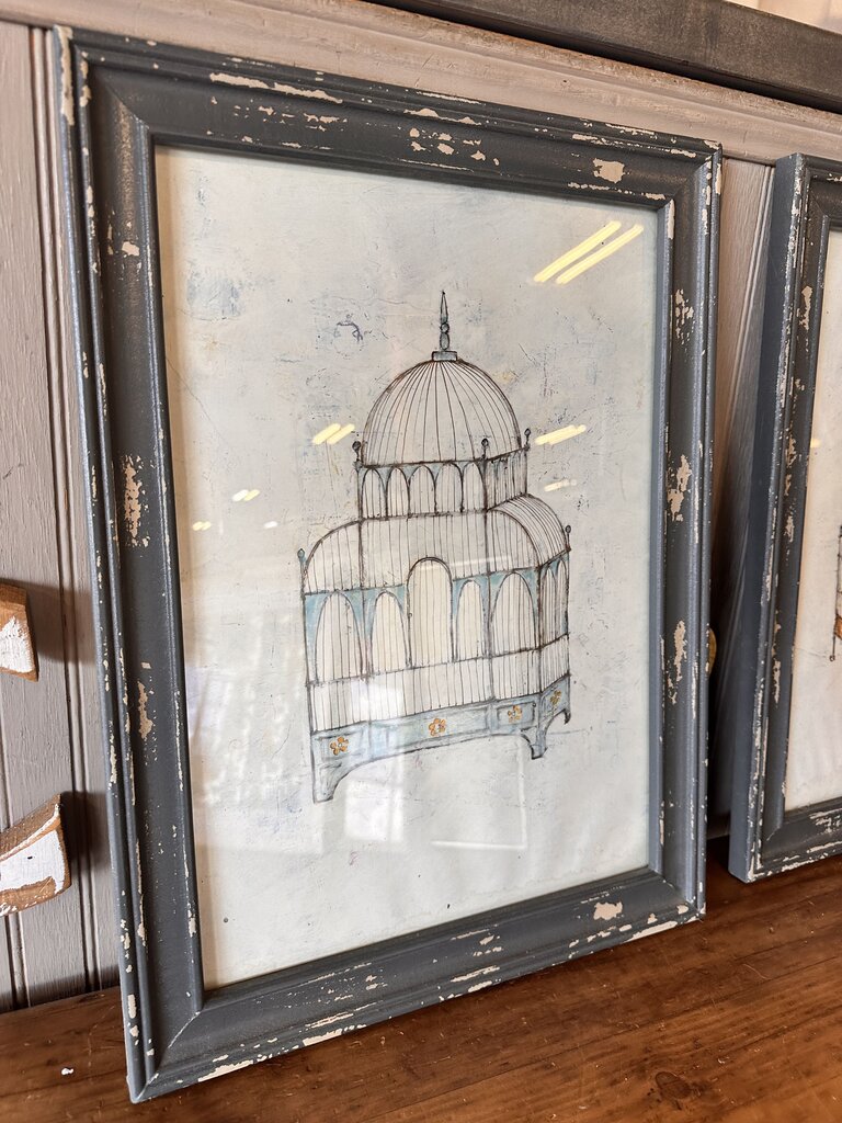 Vintage Birdcage in Distressed Frame Signed 15 X 20