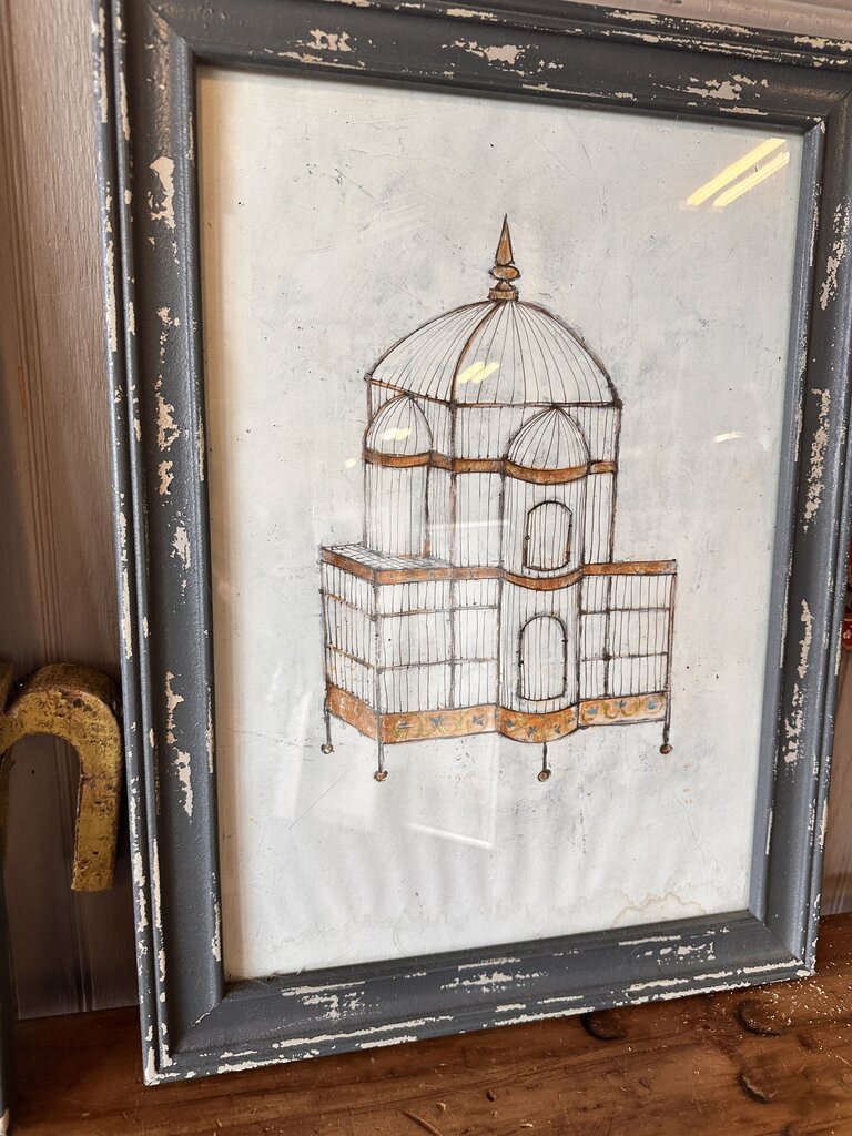 Vintage Birdcage in Distressed Frame Signed 15 X 20
