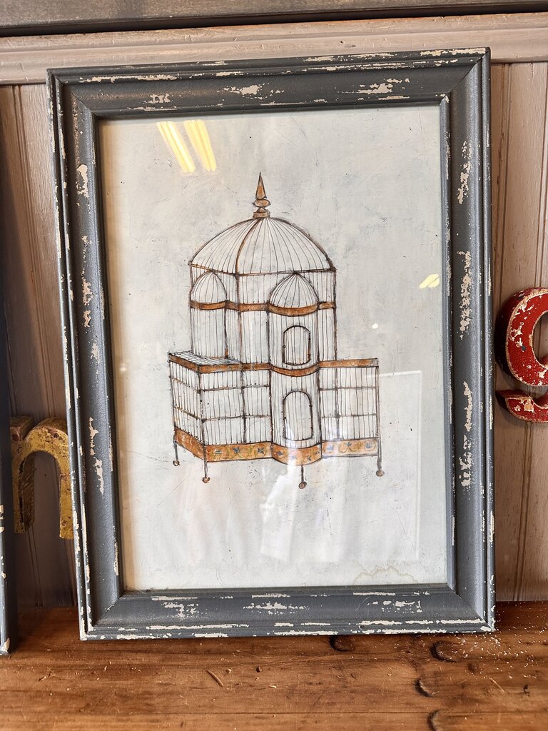 Vintage Birdcage in Distressed Frame Signed 15 X 20