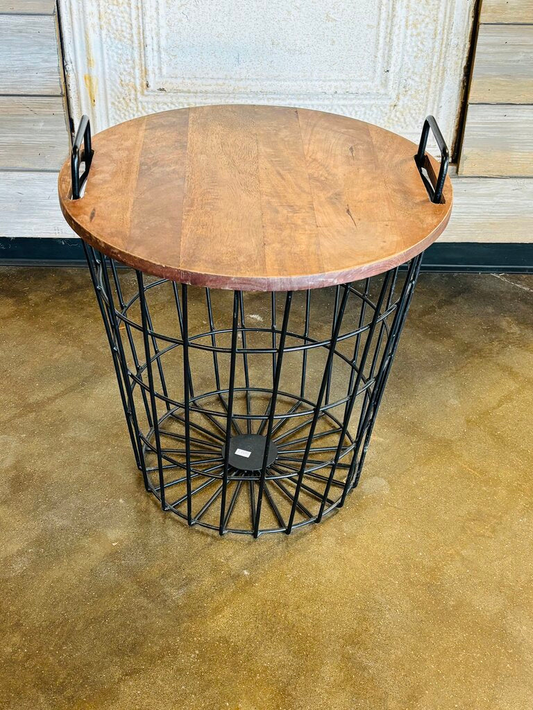 Round Wood/Metal Basket Side Table 17.25"R 19"h