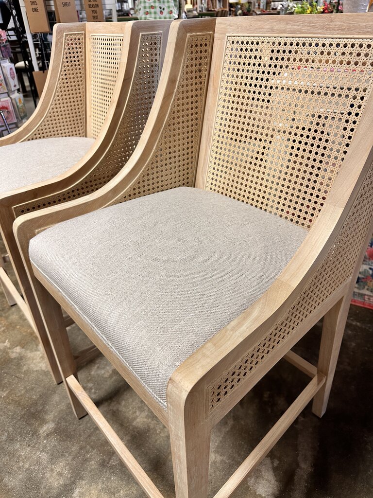 Upholstered Wood/Cane Counter Stools Pair