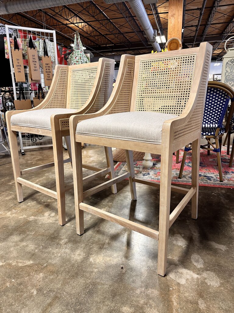 Upholstered Wood/Cane Counter Stools Pair