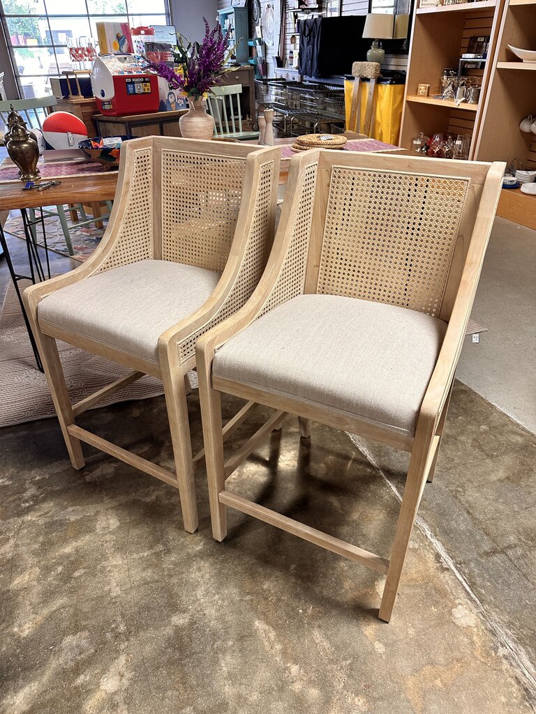 Upholstered Wood/Cane Counter Stools Pair