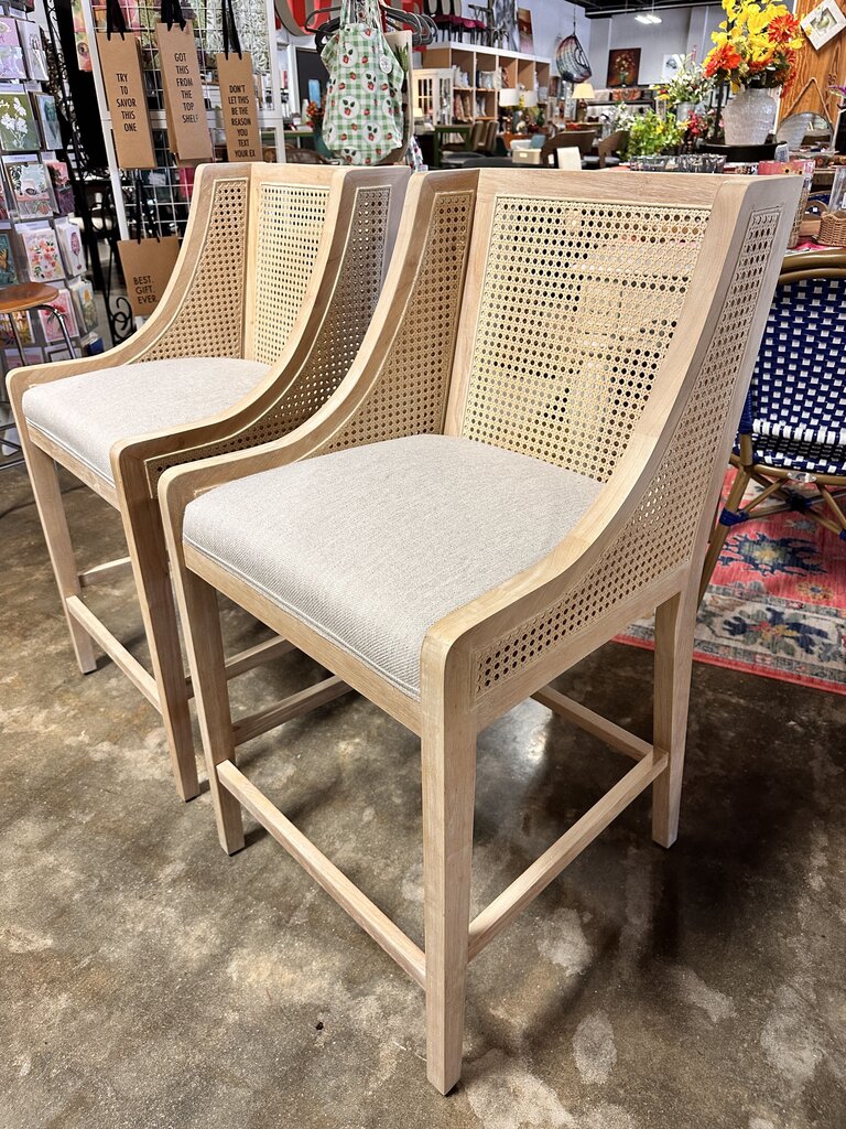 Upholstered Wood/Cane Counter Stools Pair
