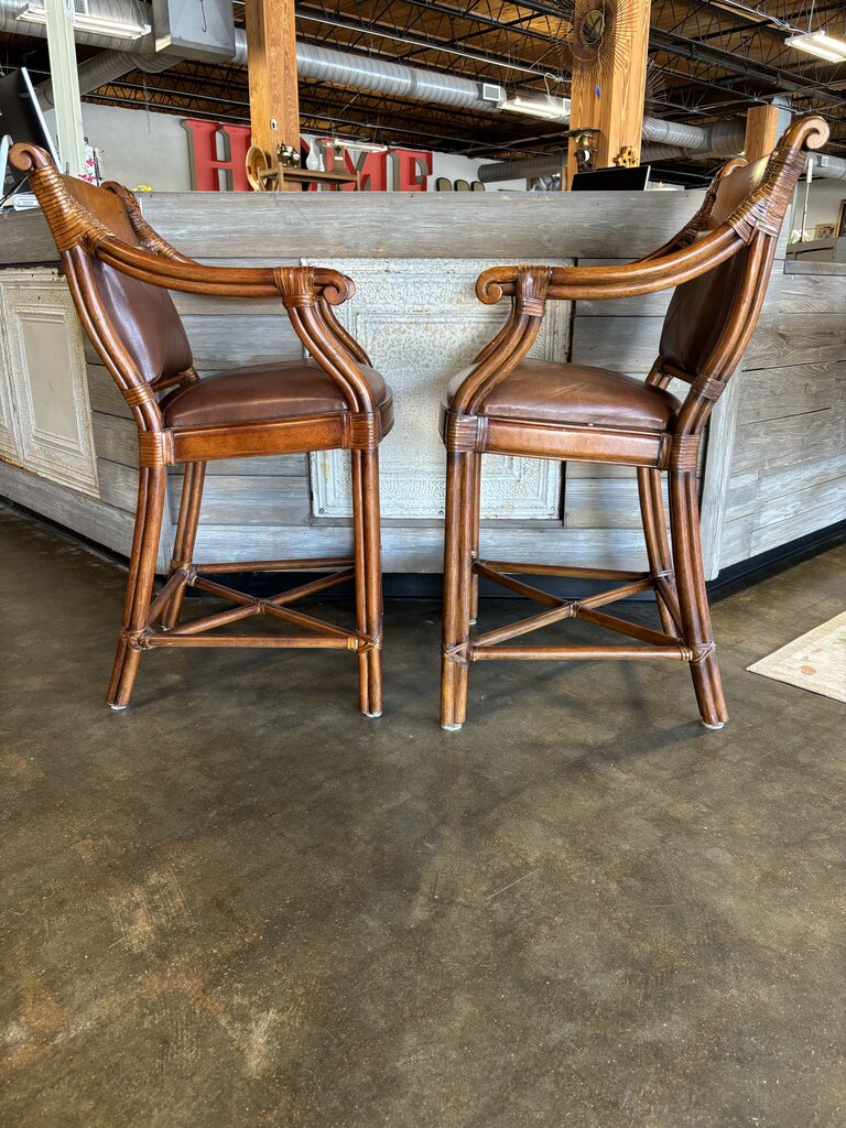 Leather/Rattan Barstools Pair
