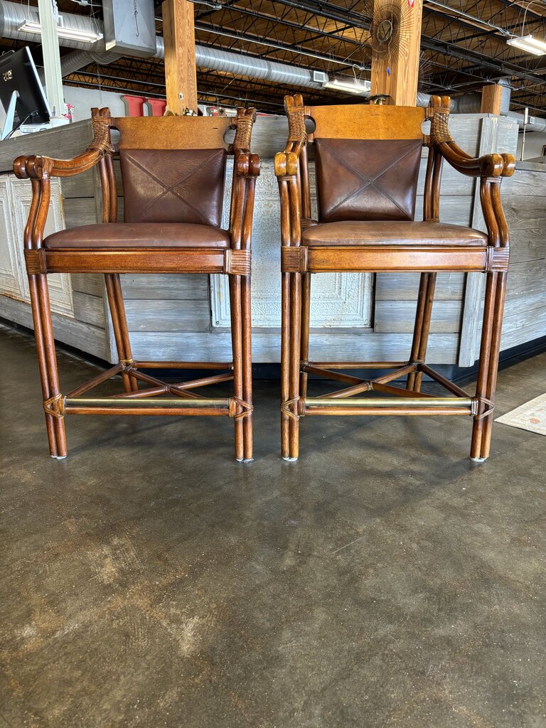 Leather/Rattan Barstools Pair