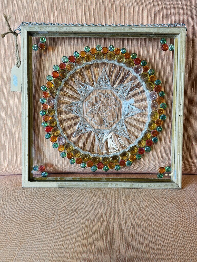 Framed Stained Glass Vintage Plate 13.35 X 13.25