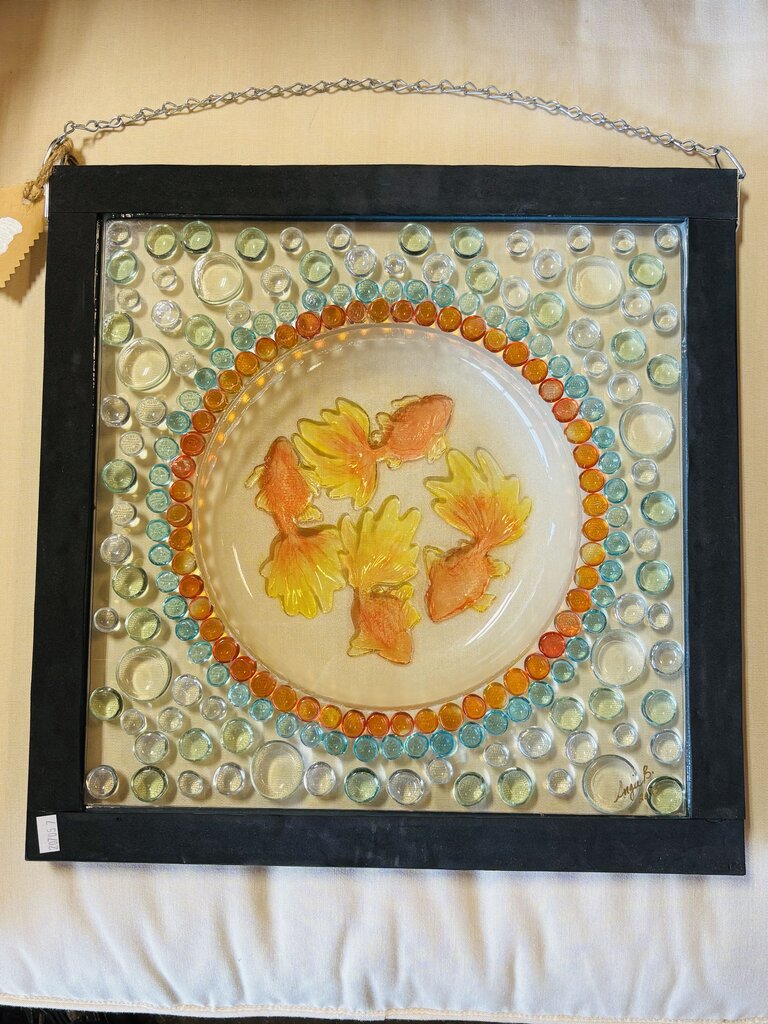 Framed Vintage Glass Fish Plate with Bubbles 16 X 16