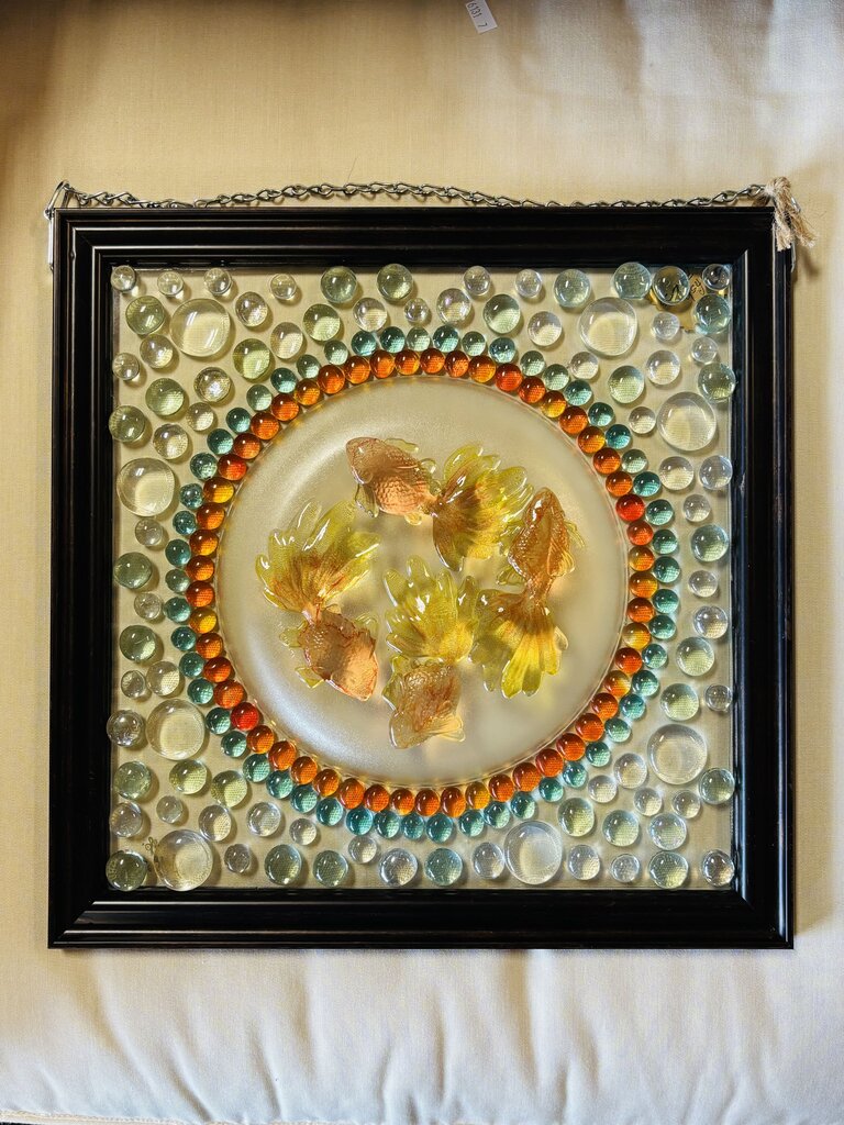 Framed Vintage Glass Fish Plate with Bubbles 16 X 16