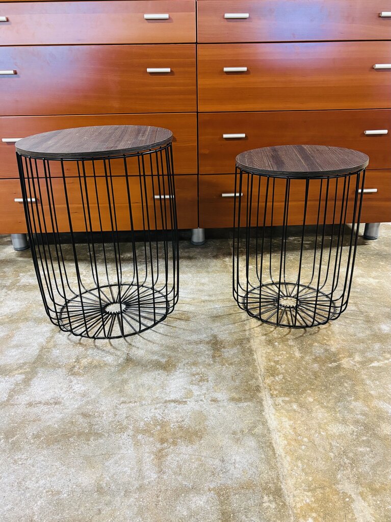 Wood/Metal Wire Nesting Storage Backet Accent Tables 2 PC