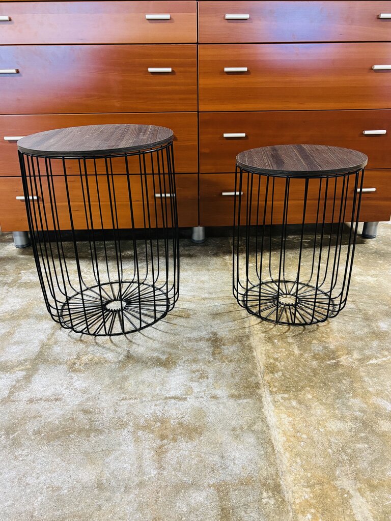 Wood/Metal Wire Nesting Storage Backet Accent Tables 2 PC