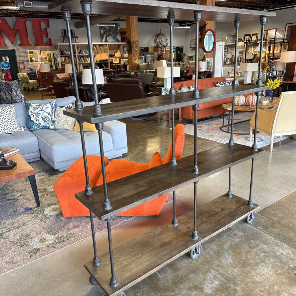 Wood/Metal Industrial Rolling Bookshelf 63.25 X 13.5 X 72