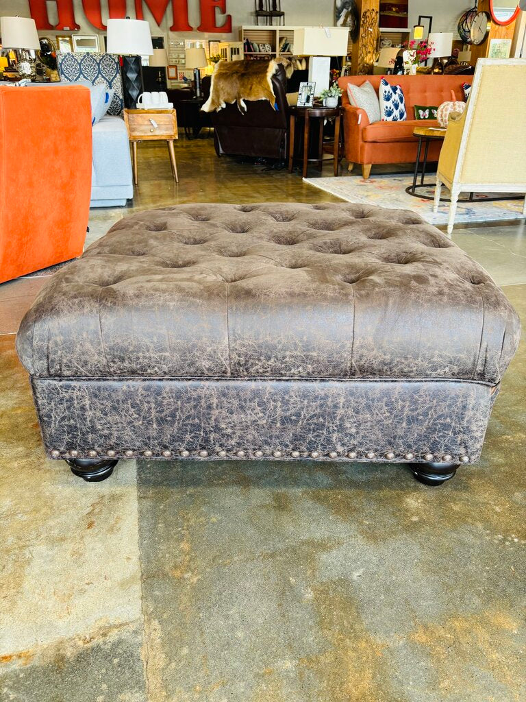 Distressed Leather Tufted Nailhead Ottoman 38 X 38