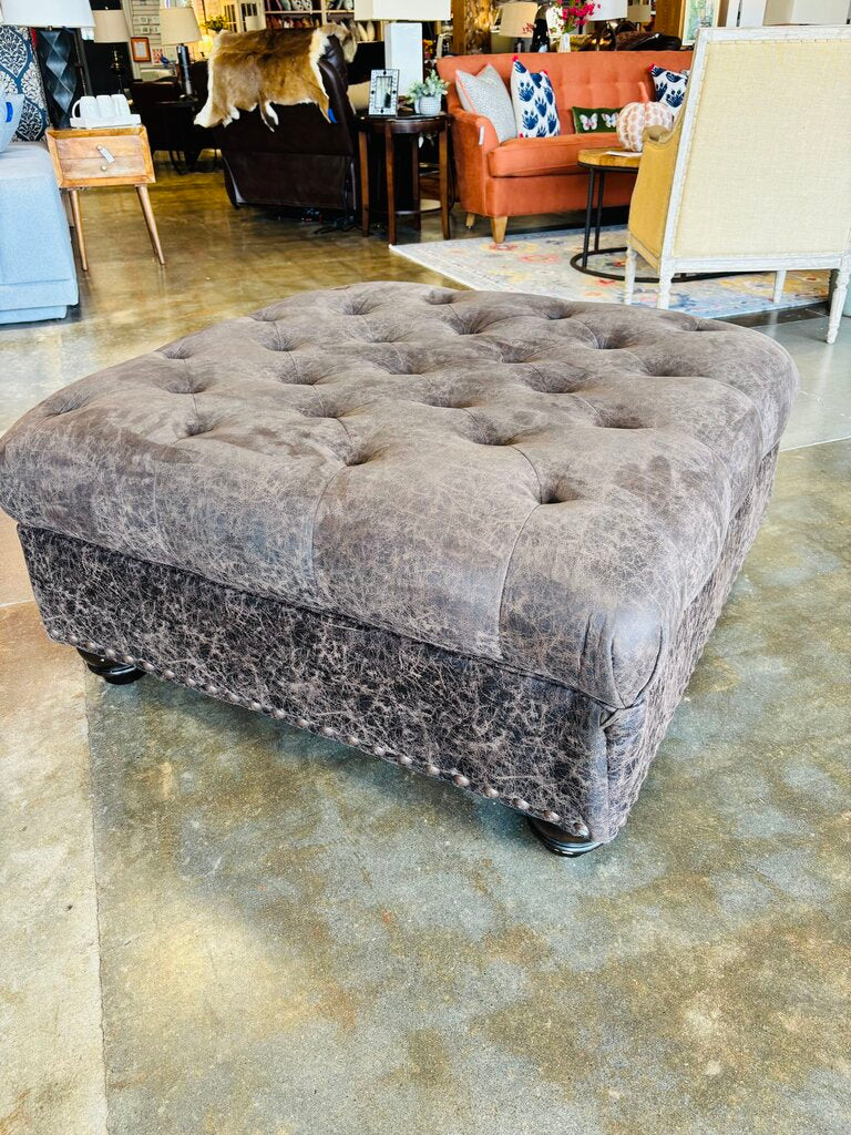 Distressed Leather Tufted Nailhead Ottoman 38 X 38