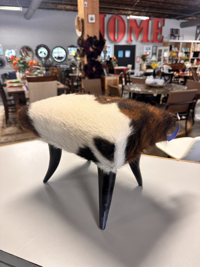 Cowhide Footstool with Steer Horn Legs