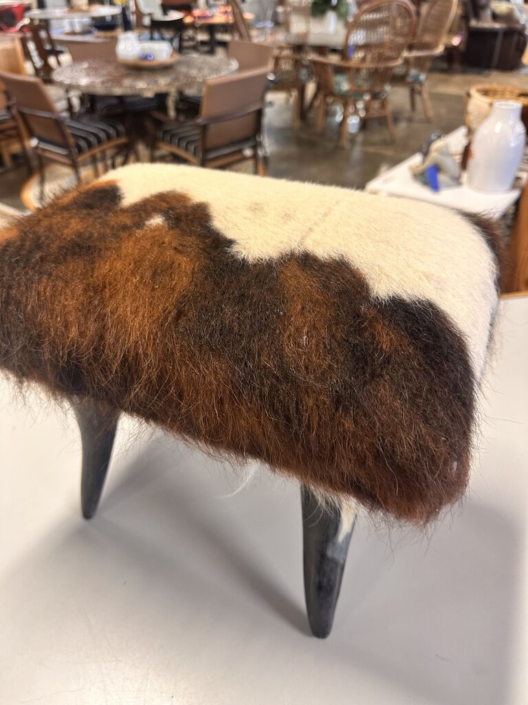 Cowhide Footstool with Steer Horn Legs