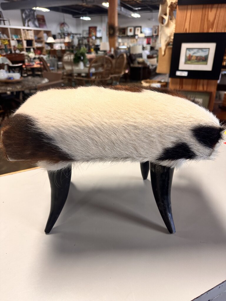 Cowhide Footstool with Steer Horn Legs