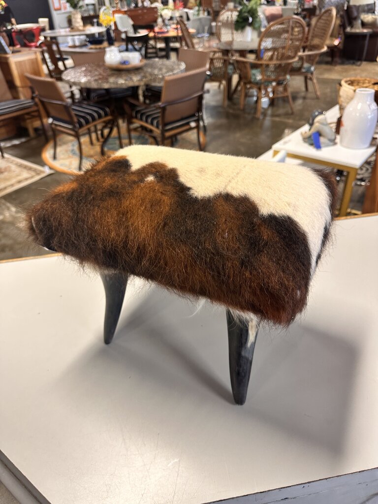 Cowhide Footstool with Steer Horn Legs