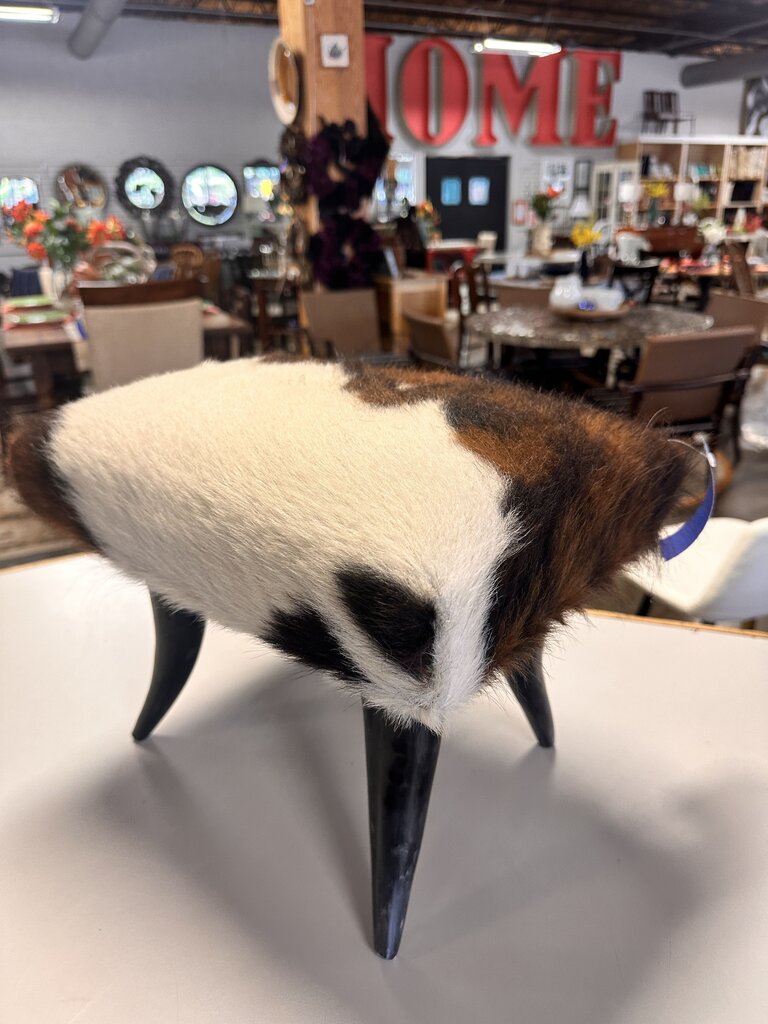 Cowhide Footstool with Steer Horn Legs