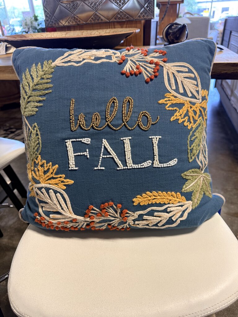 Embroidered Botanical Leaf Hello Fall Pillow