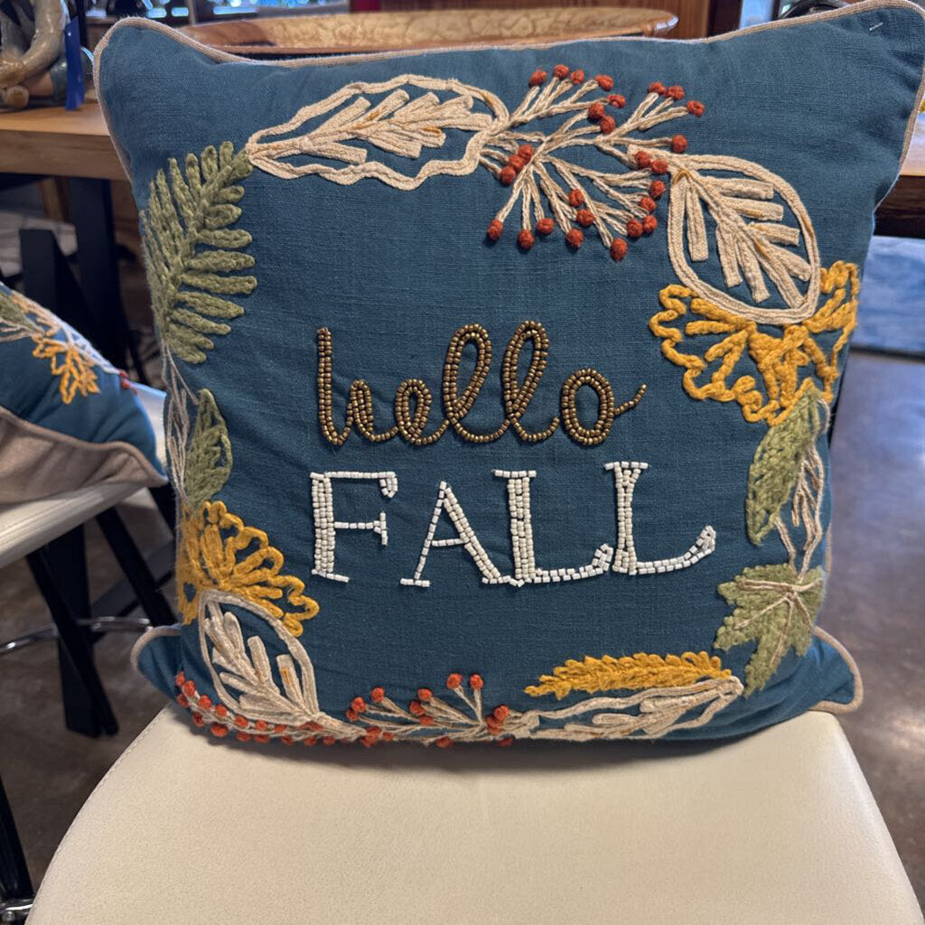 Embroidered Botanical Leaf Hello Fall Pillow