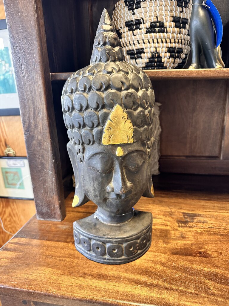 Wood Carved Buddha Bust 15.5"H