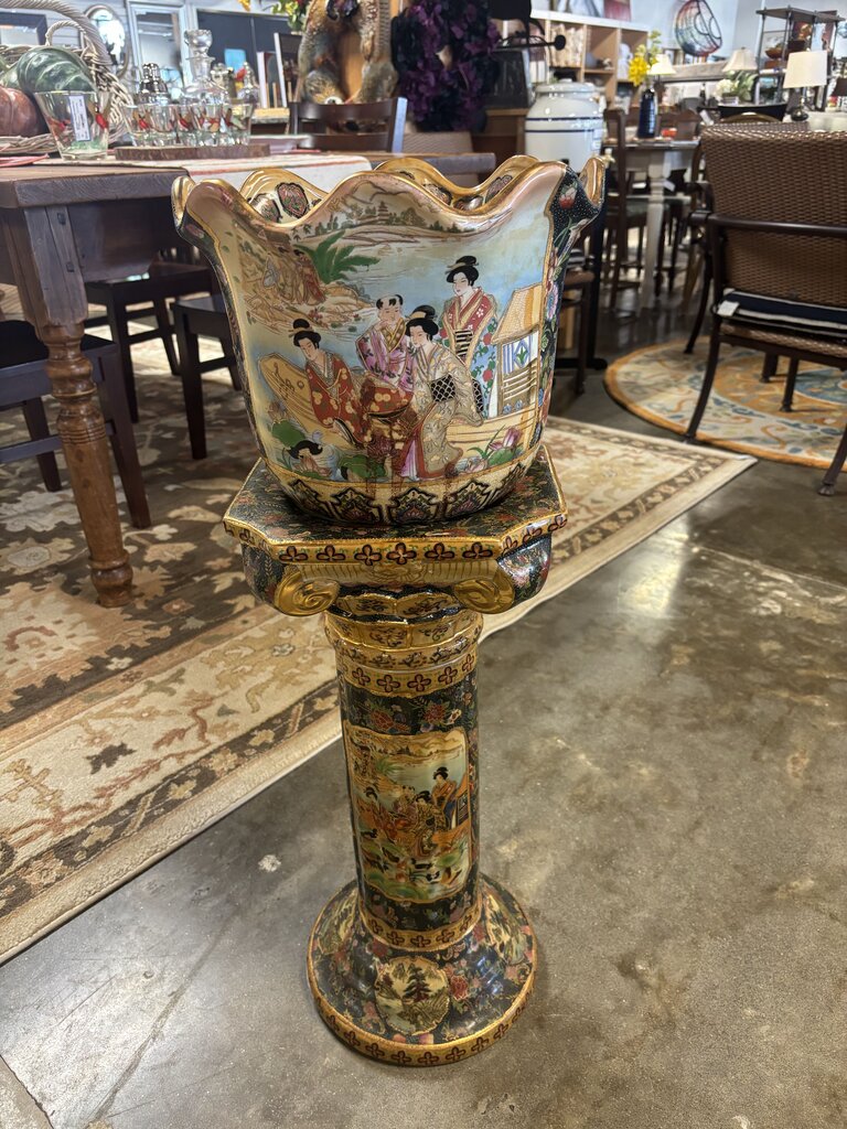 Japanese Royal Satsuma Hand Painted Bowl & Pedestal