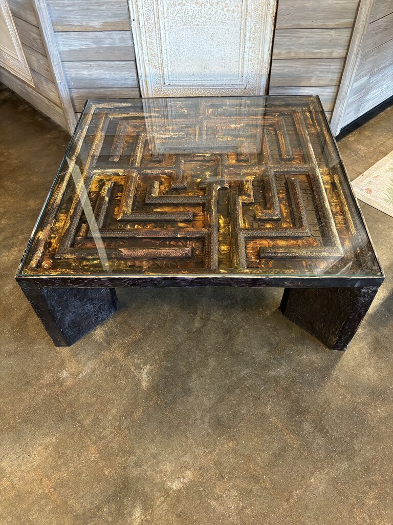 Square Glass Top Geometric Wood Coffee Table 39 X 39 X 15