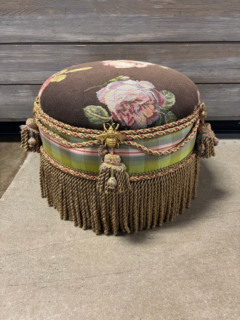 Vintage Round Floral Tapestry Footstool